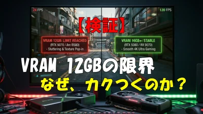 VRAM 12GB（RTX 5070等）と16GB（RTX 5080等）の4Kゲーム描画比較：テクスチャ崩壊とフレームレートの差を示す検証画像