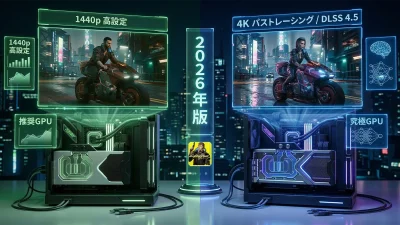 サイバーパンク 2077 PC必要スペックとおすすめ構成｜解像度別GPU・パストレ対応・DLSS 4.5【2026年版】