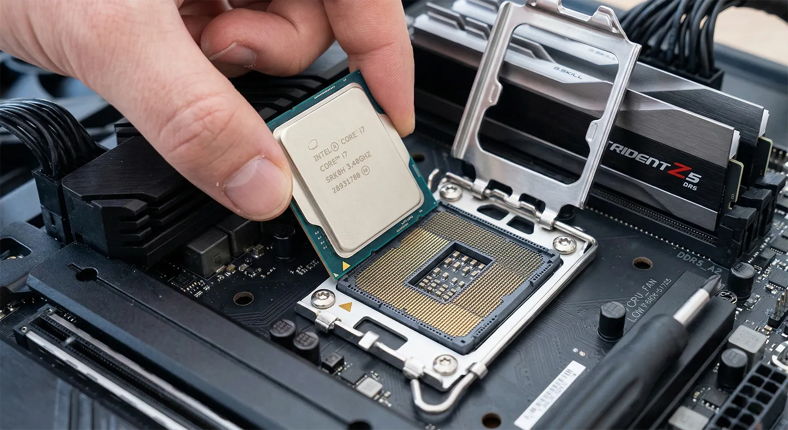 CPUをソケットに載せる様子