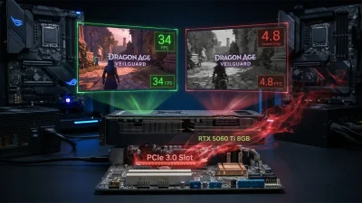 RTX 5060 Ti 8GBの「マザーボード税」——PCIe 4.0環境で平均6〜14%性能低下、Dragon Age Veilguardでは34fps→4.8fpsの実測データ
