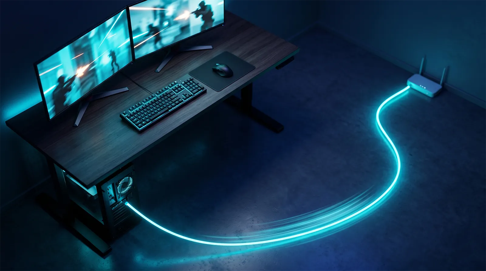 ゲーミングPCからルーターへ光るLANケーブルが伸びるデスク環境