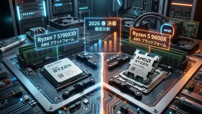 Ryzen 5 9600X vs Ryzen 7 5700X3D 2026年春の決着——AM4 vs AM5 ミドル帯で何が違うのか徹底比較