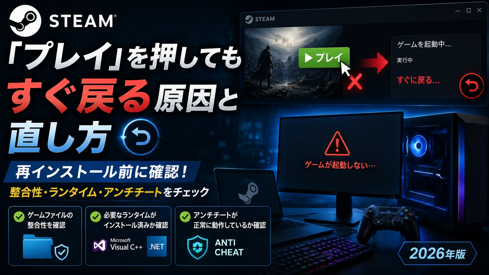 Steamで「プレイ」を押してもすぐ戻る原因と直し方