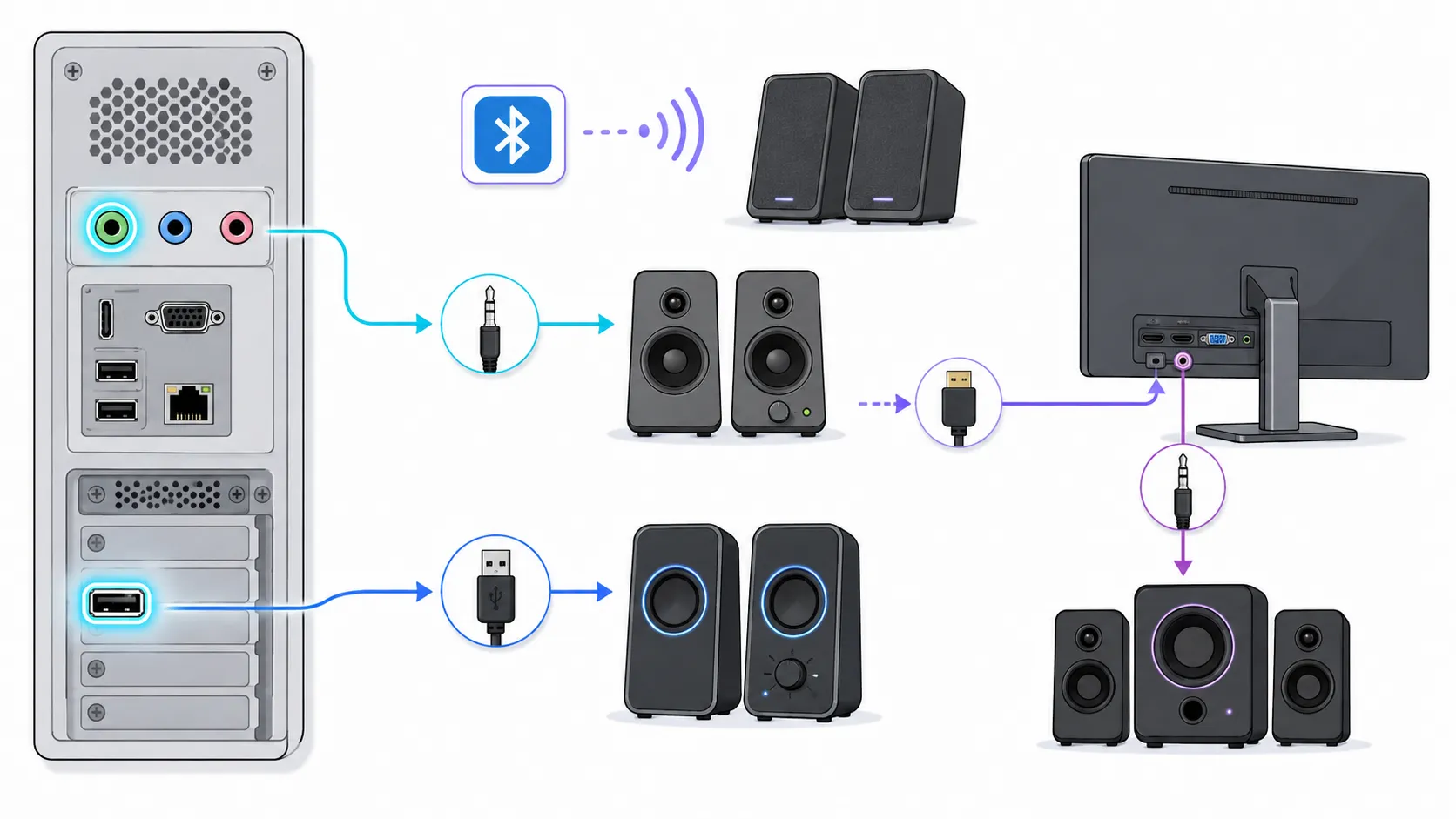 ゲーミングPCへスピーカーを接続する4つの方法（3.5mm・USB・Bluetooth・モニター経由）を示した図解