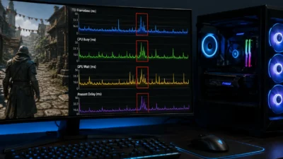 フレームタイムグラフの読み方｜PresentMonのCPU Busy・GPU Waitでカクつく瞬間を特定する【2026年版】