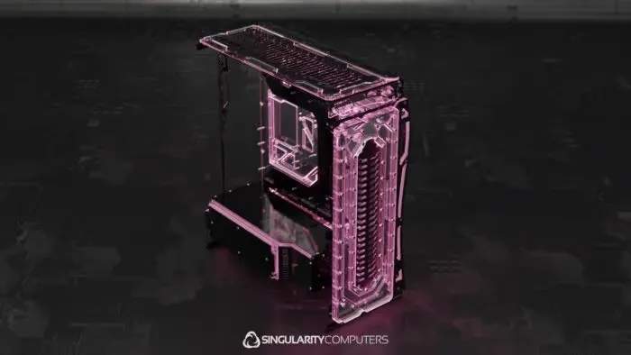 Singularity Computers Spectre Limited Edition Water-cooling Caseのレンダリング、ケース内部の水冷ディストリビューションプレートとリザーバーが発光して見える構造