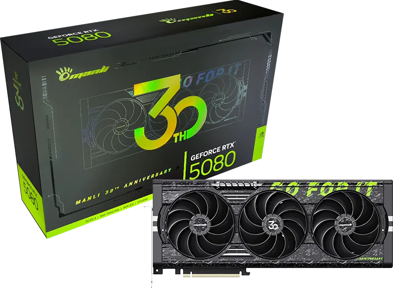Manli 30th Anniversary Edition GeForce RTX 5080 OCの製品画像とパッケージ