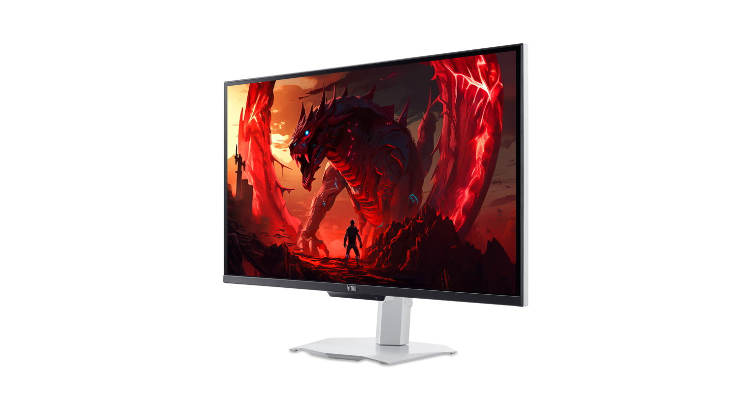 Acer Nitro XV273U F5の製品画像、白いスタンドと27型パネルを斜めから見た構図
