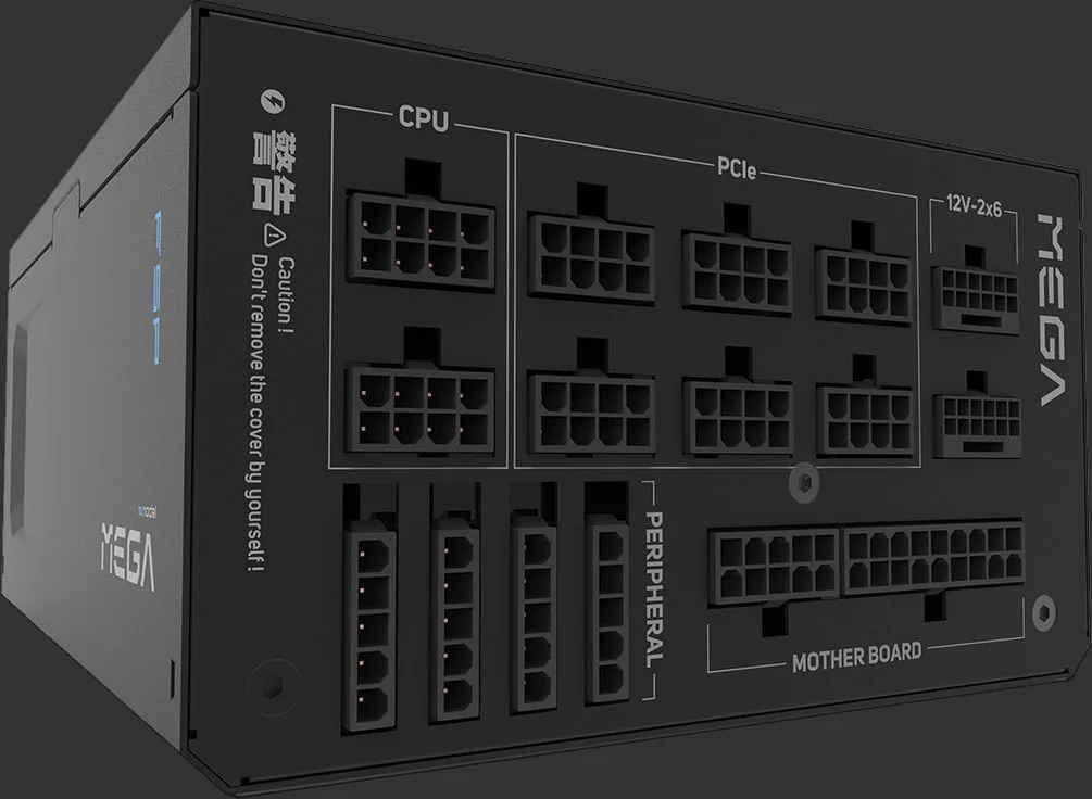 FSP MEGA TI 1650Wのモジュラー端子面、12V-2x6×2とPCIe 6+2ピン×6の配置