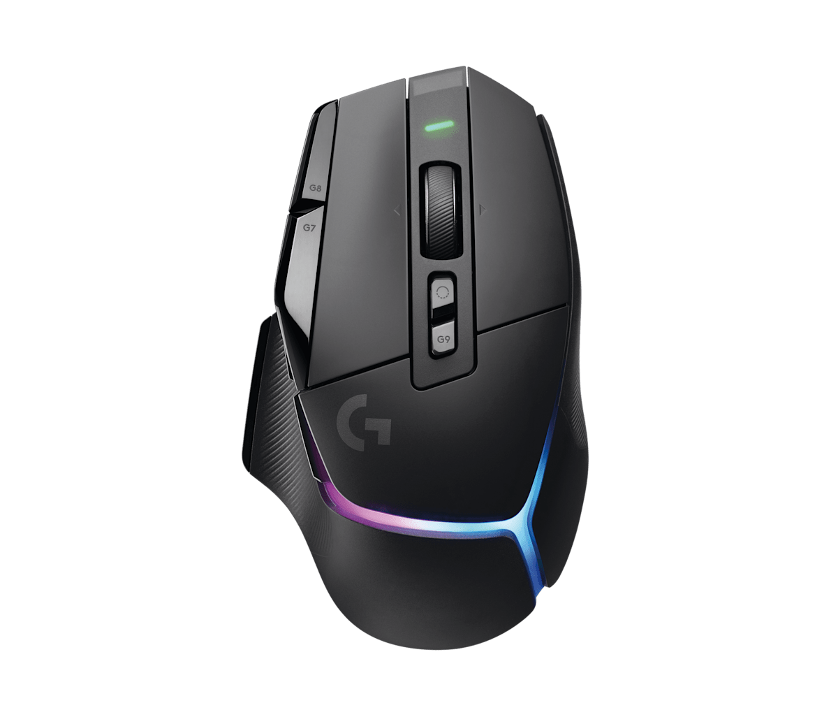 Logicool G502 X PLUSを上部から見た外観、G7・G8・G9ボタンとLIGHTSYNC RGBが確認できる