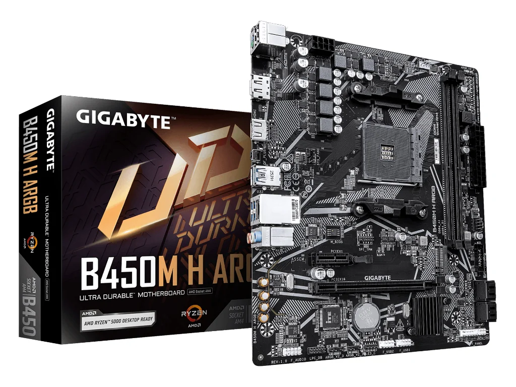 GIGABYTE B450M H ARGBのパッケージと基板。DDR4スロット2本、M.2スロット1基、電源回路部にヒートシンクはない