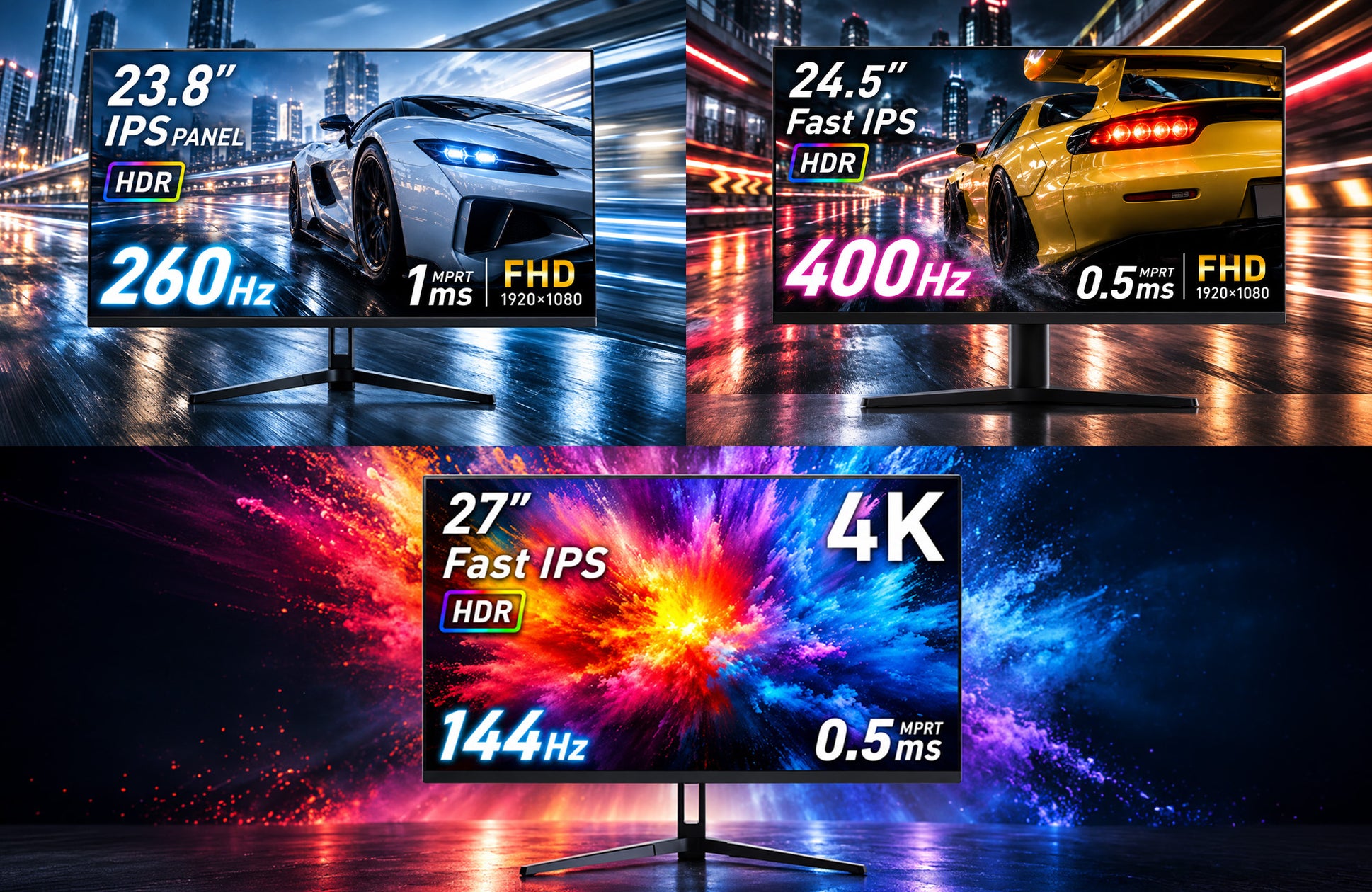 タンスのゲンGRAVIXシリーズ 左から260Hz・400Hz・4K144Hzモデル