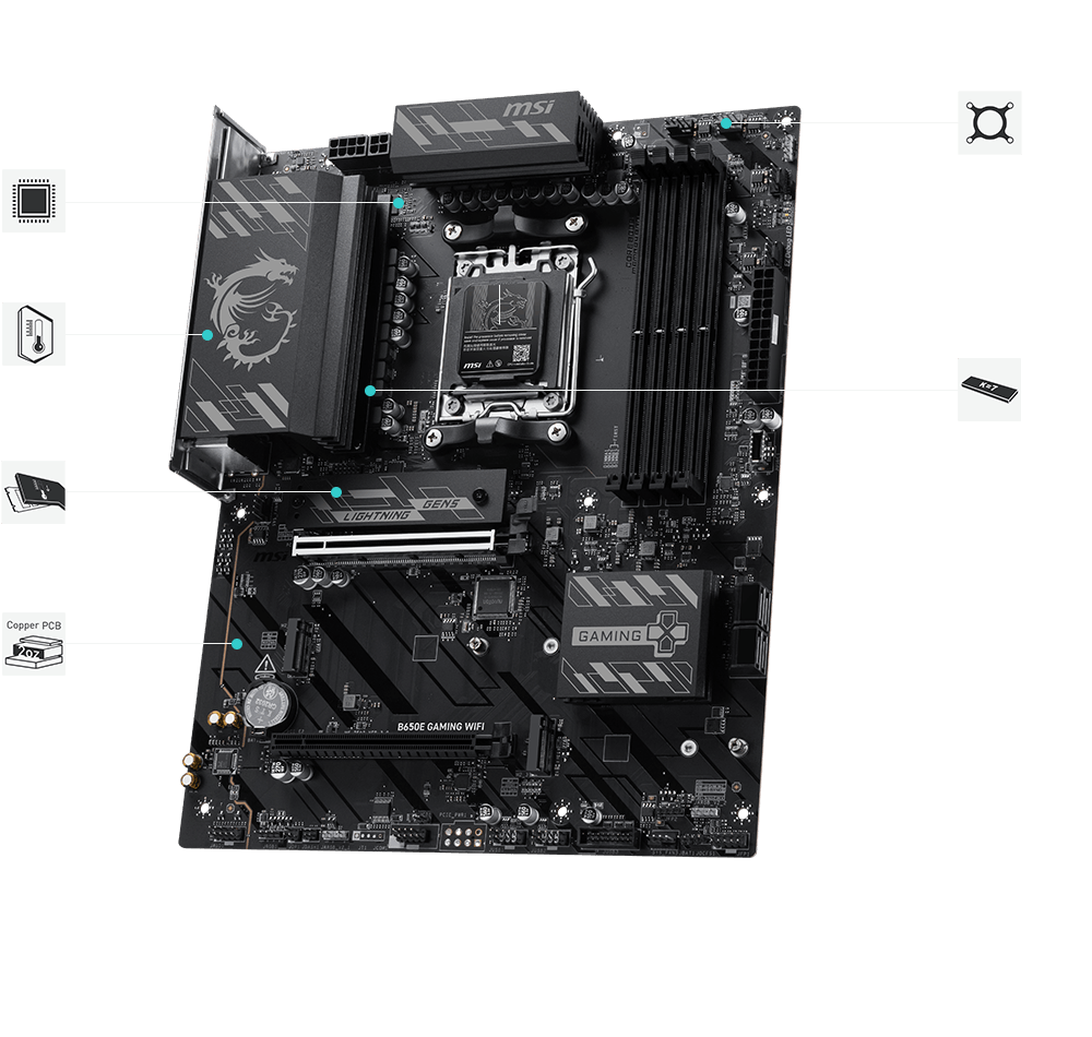 MSI B650E GAMING WIFI のVRMヒートシンクとGen5 M.2シールドの位置