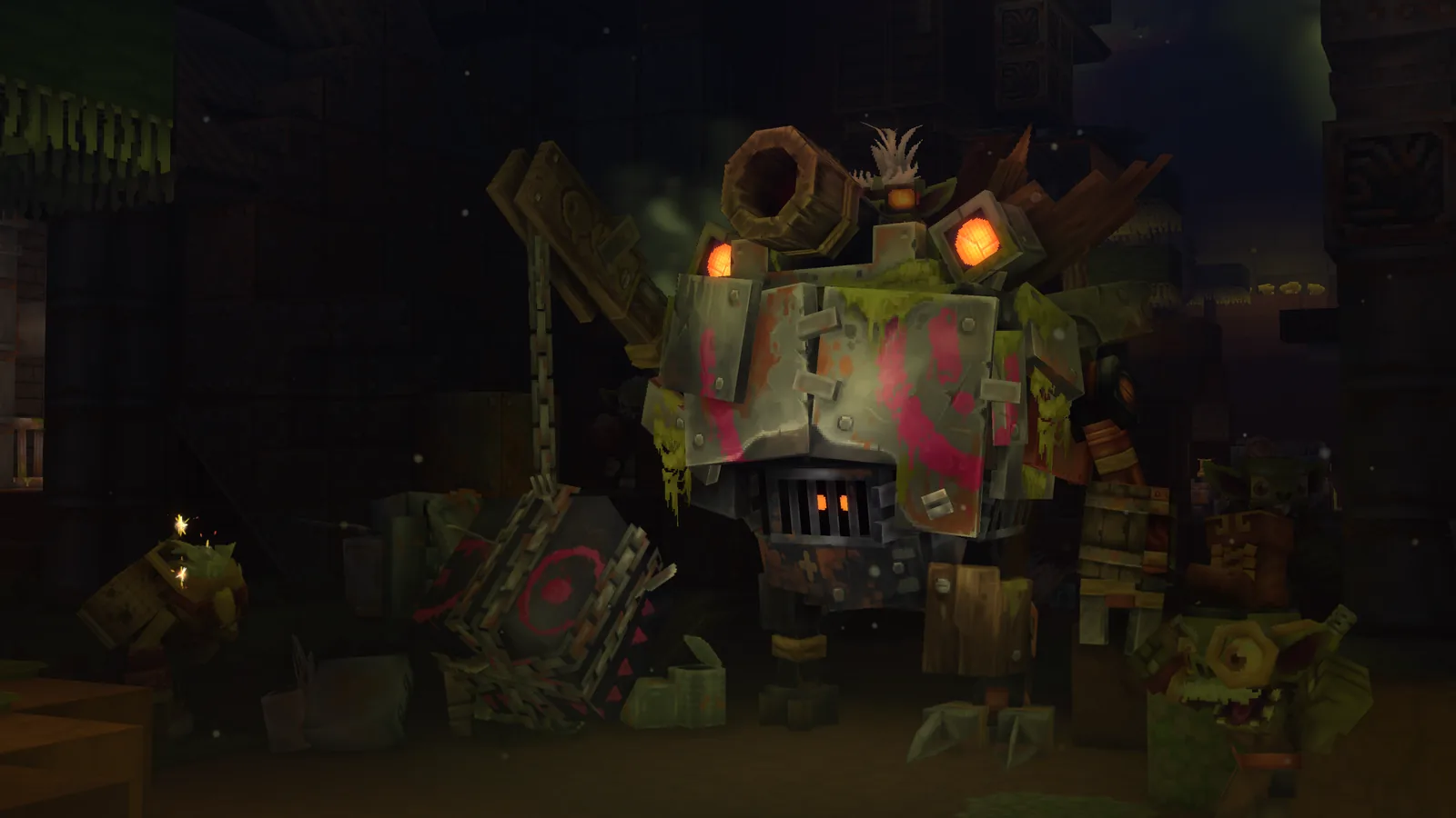 『Hytale』Chapter 1のゲーム画面。薄暗いダンジョンの中に、廃材を組み合わせた鎧をまとう巨大なゴブリンが立ち、手前に小型のゴブリンがいる