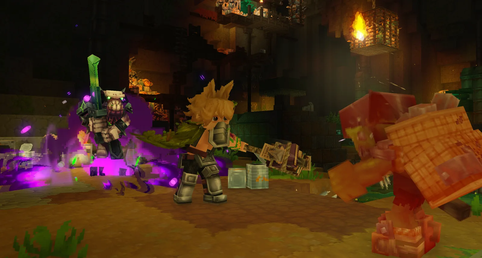 『Hytale』のゲーム画面。紫色のVoidの光が漂う中で、プレイヤーがゴブリンや岩の敵と戦っている