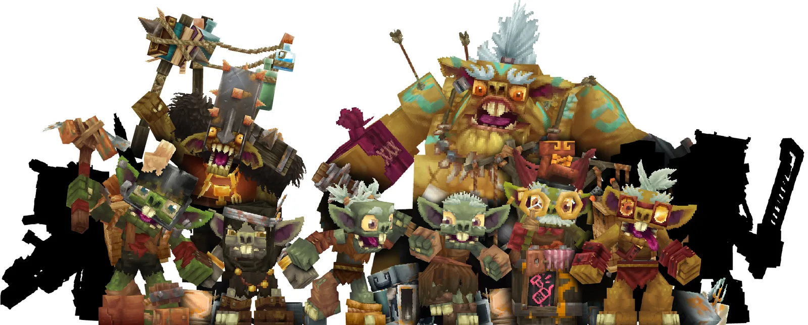 『Hytale』のゴブリン勢力の集合イラスト。斧や盾を持った小型のゴブリンと、羽根飾りを付けた大柄なゴブリンが並んでいる