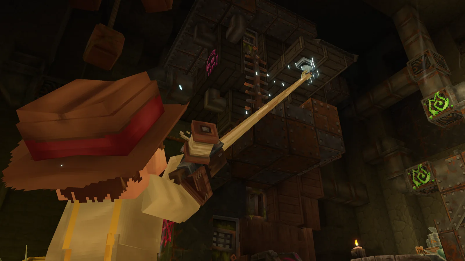 『Hytale』のゲーム画面。帽子をかぶったプレイヤーがフックショットを構え、ダンジョンの高い位置へワイヤーを撃ち出している