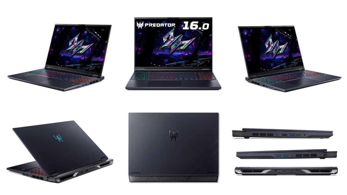 Predator Helios Neo 16 AIの各方向からの外観と側面の端子