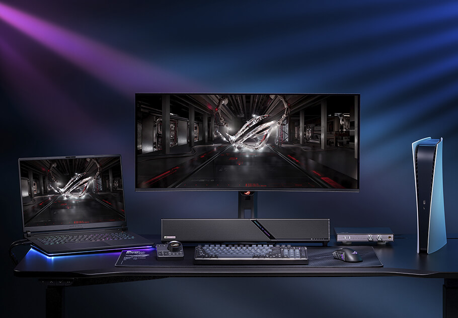 ROG Gjallarにノートパソコン・モニター・PS5を接続した様子