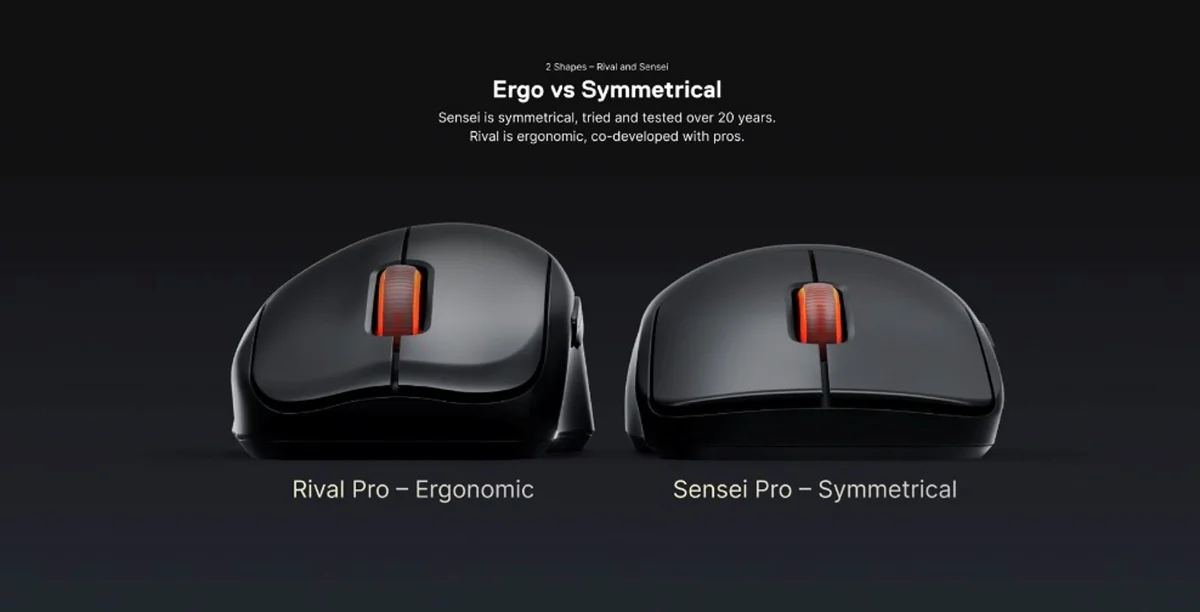 右手用のRival Proと左右対称のSensei Proを正面から並べた写真