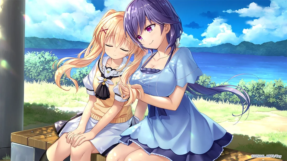 『Summer Pockets Sunnyside Stories』のゲーム画面(海辺のベンチのシーン)