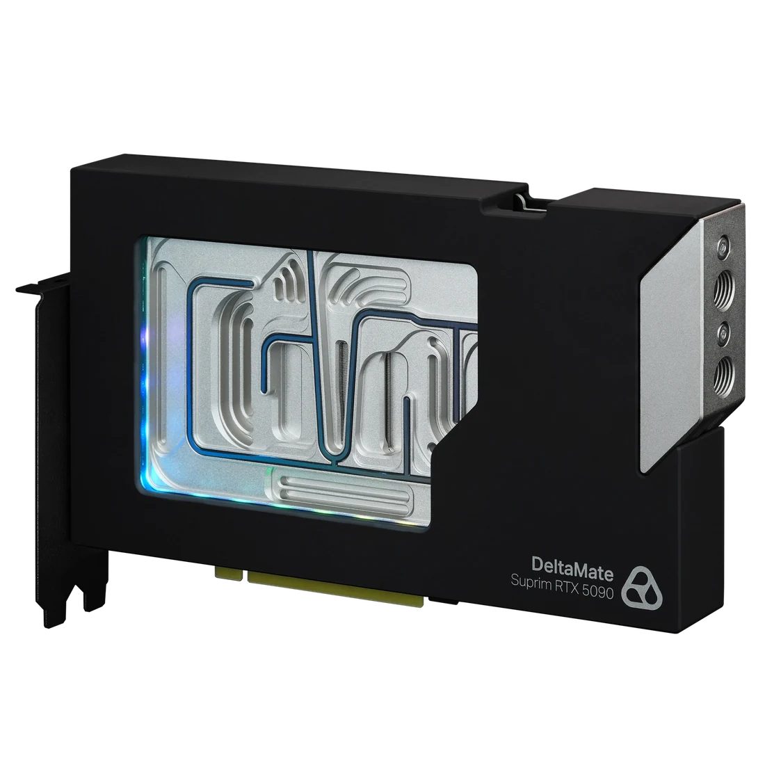 Thermal Grizzly DeltaMate GPU Block SUPRIM RTX 5090の製品画像、ガラス窓越しにマイクロフィン構造とARGB発光、右側面にG1/4インチポートが見える