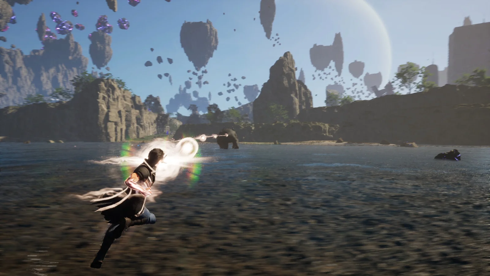 『UNDEFEATED: Genesis』の体験版画面。主人公アルが浮遊島の地上で黒い獣型のミュータントと対峙し、右手に発生させた光の球から攻撃を放っている。背景には浮遊する岩塊群と巨大な惑星が見える