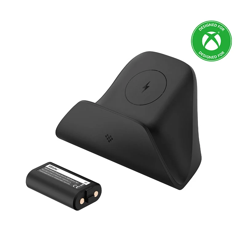 黒色の8BitDo Ultimate Charging DockとXboxコントローラー用バッテリーパック