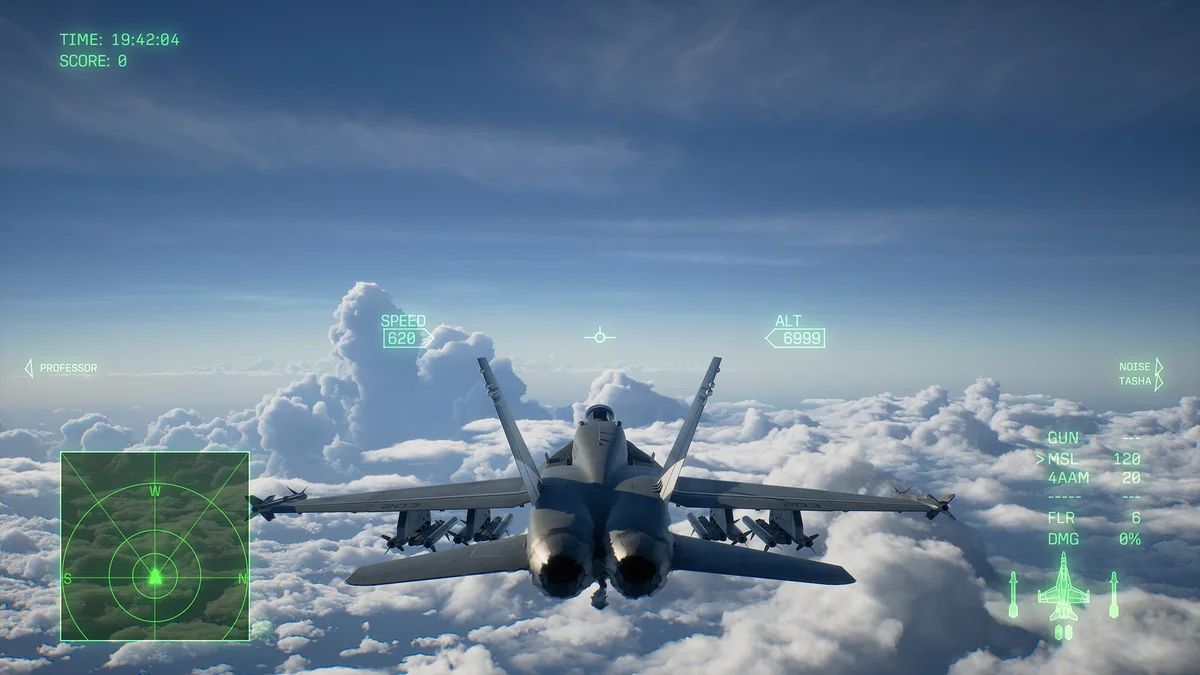 雲海の上を飛ぶ戦闘機を真後ろから見た三人称視点の画面。機体の主翼は水平で、左下にレーダー、右下に残弾が表示されている