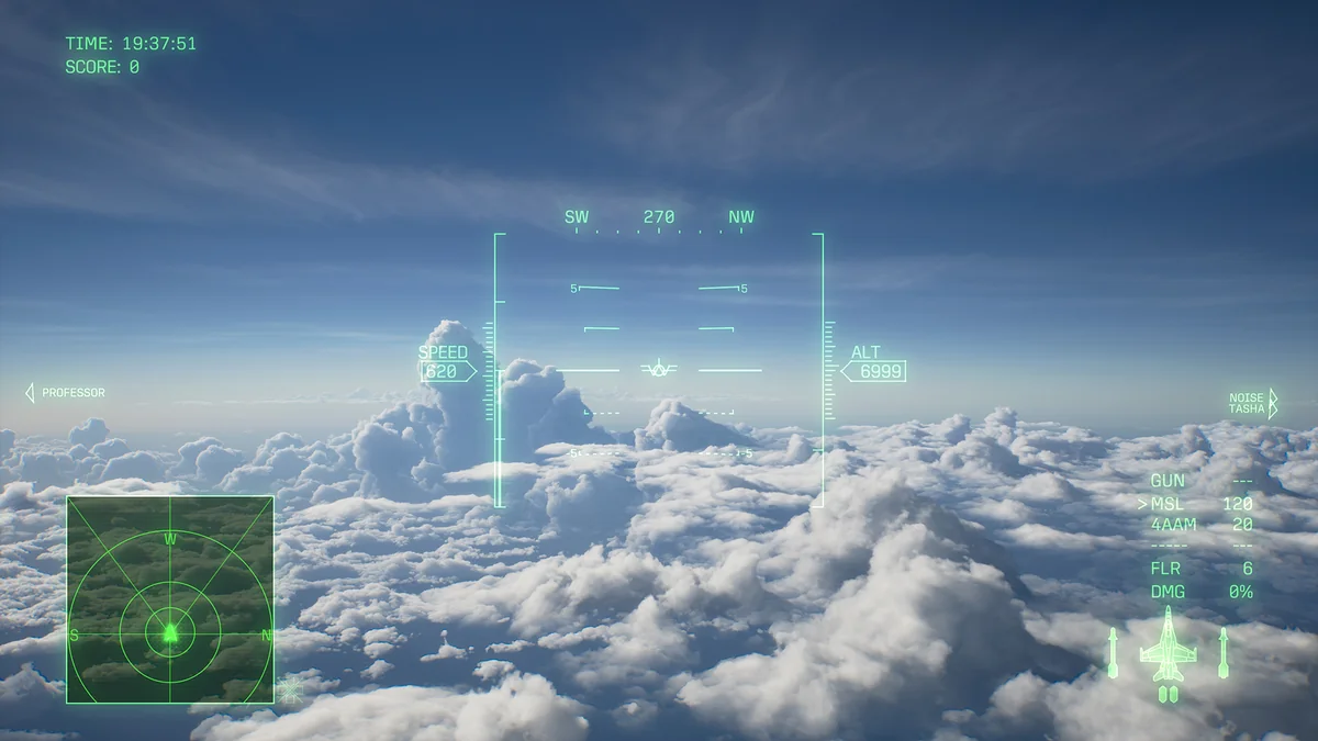 雲海を前方に見るHUD視点の画面。中央に機体の姿勢を示す水平線の目盛りと上部に方位270が表示されている