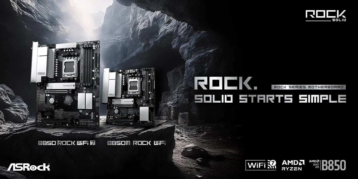 ASRock Rockシリーズの B850 Rock WiFi 7（左）と B850M Rock WiFi（右）