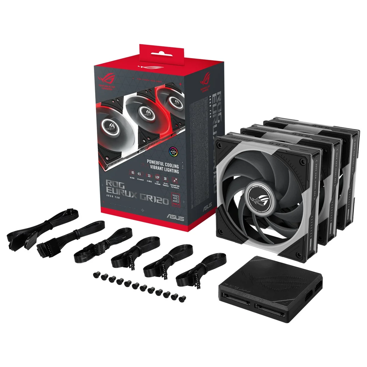 ROG Eurux GR120 ARGB 3個パックの製品一式(ファン3基・専用ハブ・ケーブル類)