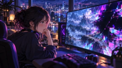 イメージ画像：夜景を背に、ゲーム画面の抽象的な破損を見つめる女性ゲーマー