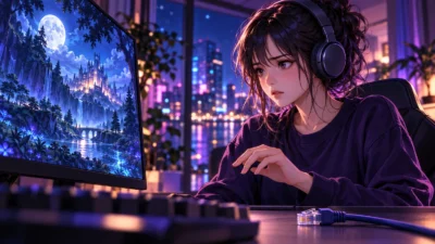 夜景を背景に、ヘッドホン姿の女性がモニターを見つめ、机にLANケーブルが置かれたイメージイラスト