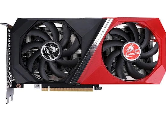 Colorful GeForce RTX 3060 Battle AX DUO 12GB-Vを正面から見た画像。2基のファンと赤黒の外装