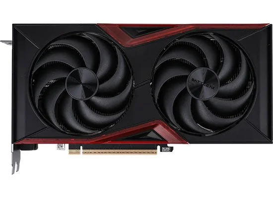 Colorful GeForce RTX 5060 Battle AX DUO 8GB-Vを正面から見た画像。2基のファンと赤黒の外装
