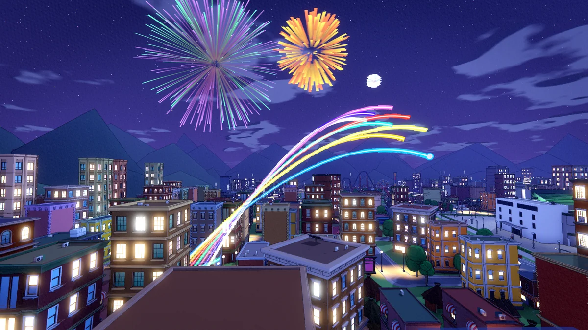 Crazy City Golfの夜の街で花火が上がるゲーム画面