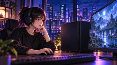 青紫とピンクの夜景を背景に、女性ゲーマーが無銘のタワーPCと幻想的なゲーム風景のモニターに向かうイメージイラスト