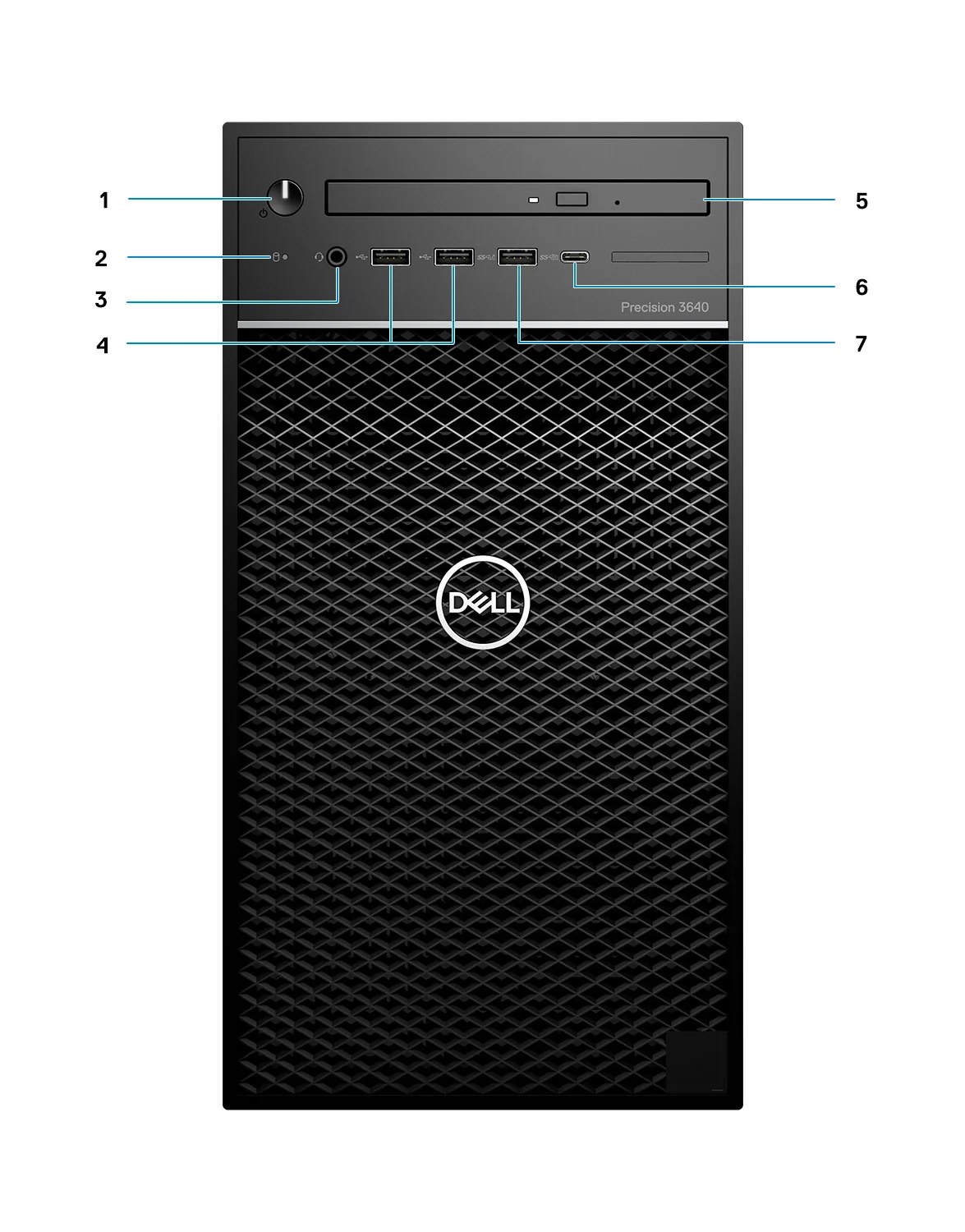 Precision 3640の前面図、標準I/O構成の例