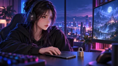 青紫の夜景を背景に、ヘッドホン姿の女性と机上のスマートフォン・南京錠を描いたイメージイラスト