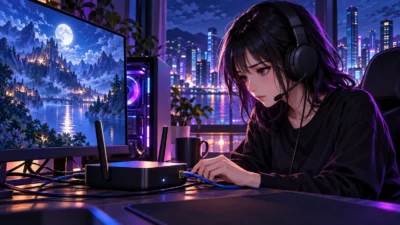 夜景を背景に、ヘッドセットを着けた女性がルーターのLANケーブルを確認するイラストのイメージ
