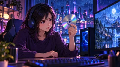 青紫の夜景を背景に、PCの前で修復用ディスクを確認する女性ゲーマーのイメージイラスト
