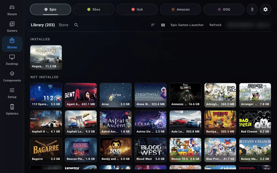 DroidDeck 0.6.0のストア画面(Epic・Xboxのライブラリ)