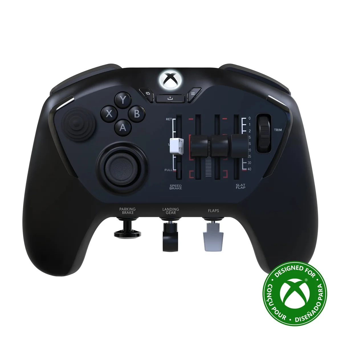 Echo Aviation Controller XPCの外観。ABXYボタンとスティック、4本のスライダー、トリムホイール、下部にパーキングブレーキ・ギア・フラップのレバーが並ぶ