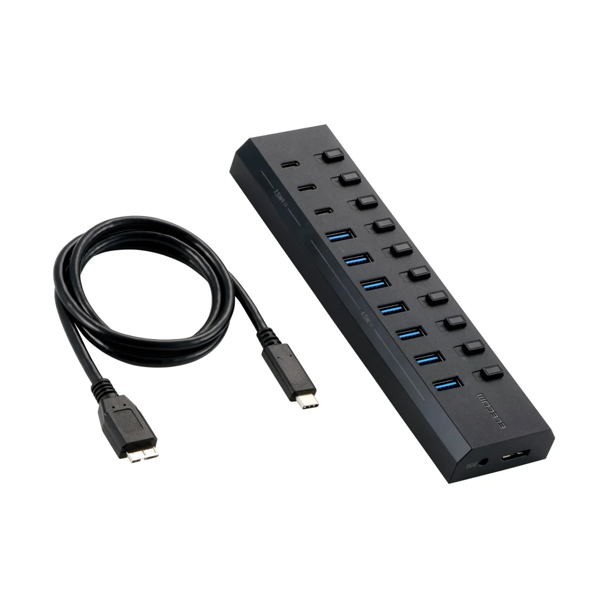 U3HC-S100SBKのUSB-Aポート7基とUSB-Cポート3基、個別スイッチ、付属ケーブル