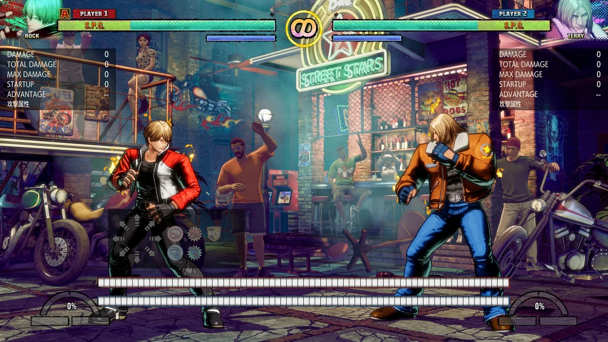 体験版のトレーニング画面（BAR STREET STARSステージ、ダメージや発生フレームの表示）
