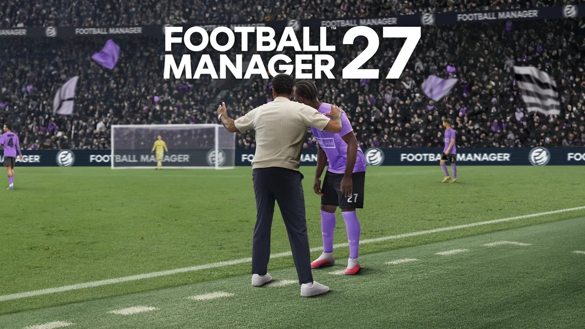 Football Manager 27のキービジュアル。ピッチ脇で監督が選手に指示を出している