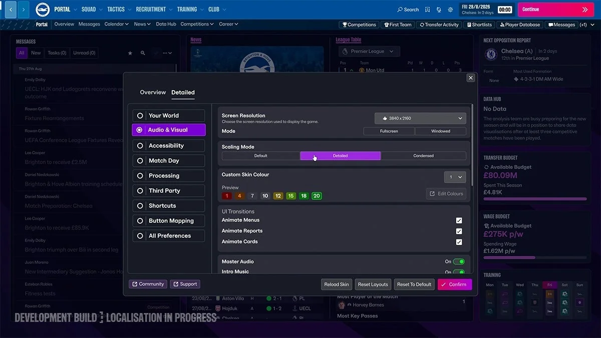 FM27の環境設定画面。左にMatch DayやProcessingの項目、右に解像度と表示モードが並ぶ