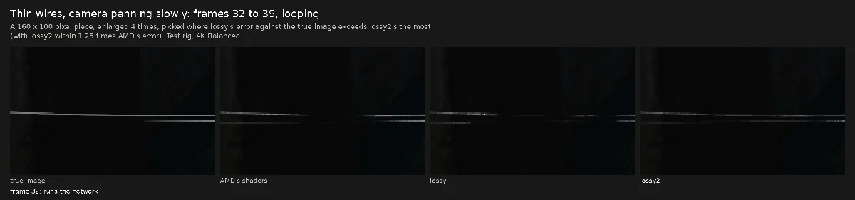 合成テスト場面でのAMD標準・lossy・lossy2の細線の比較
