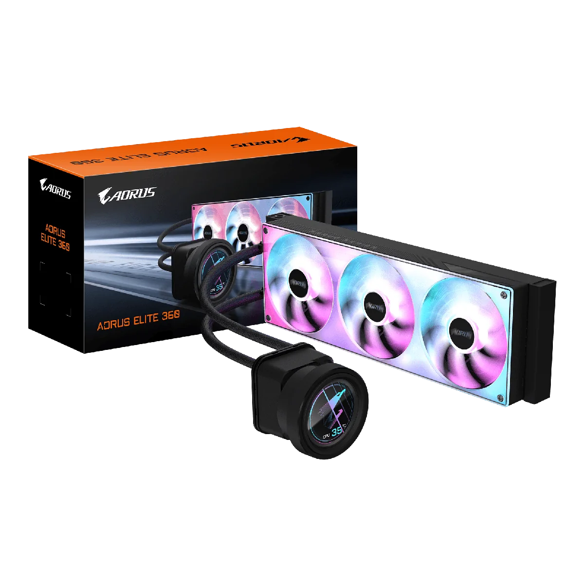 AORUS ELITE 360 ブラックの一体型ファンとLCD付きポンプ